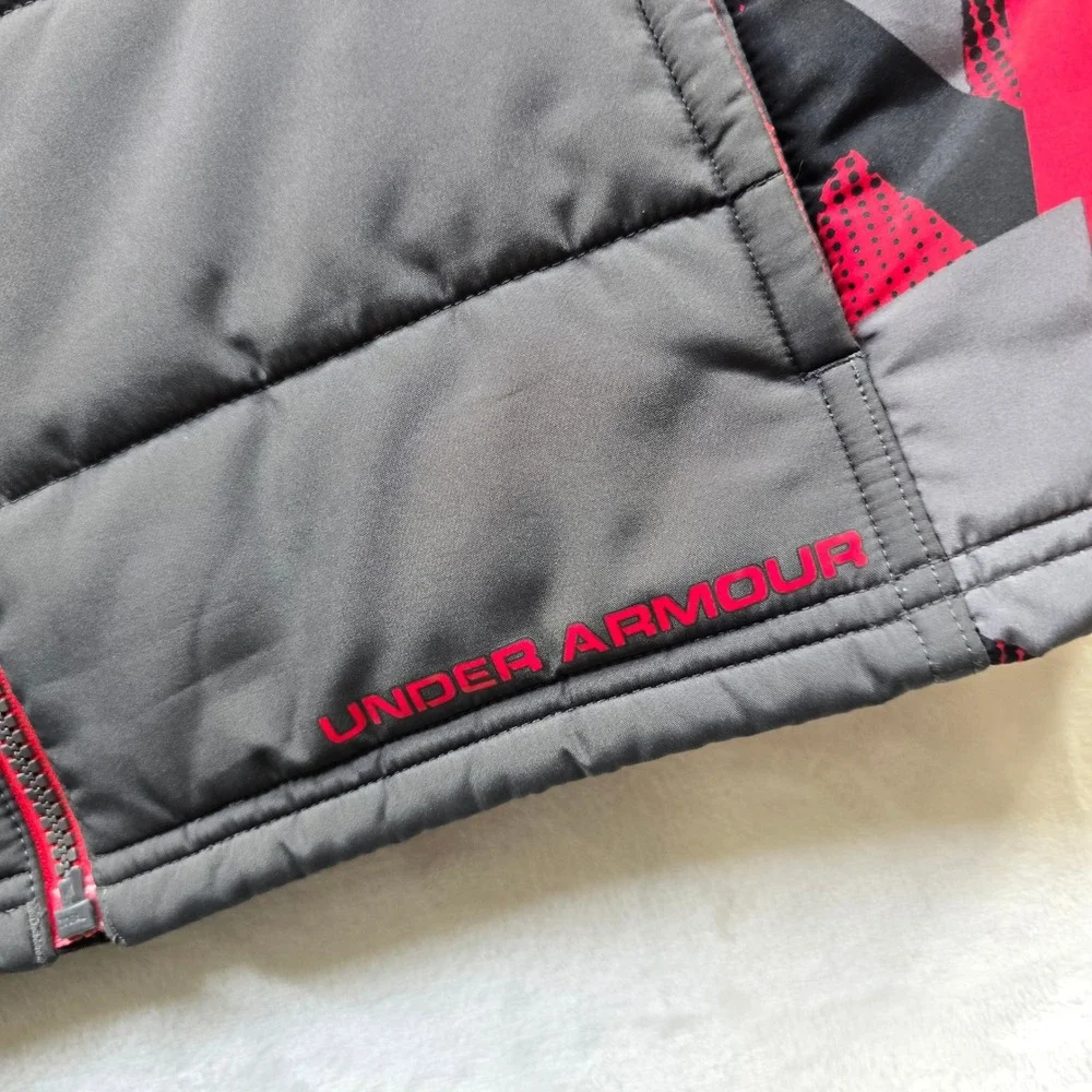 Under Armour Puffer Vest Kids Youth Large Grey‎ Red Polyester Quilted Loose Fit
